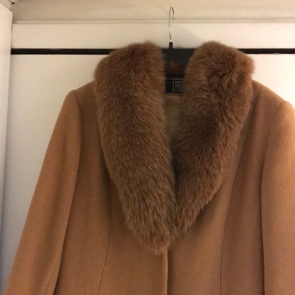 Tan coat with fox fur collar